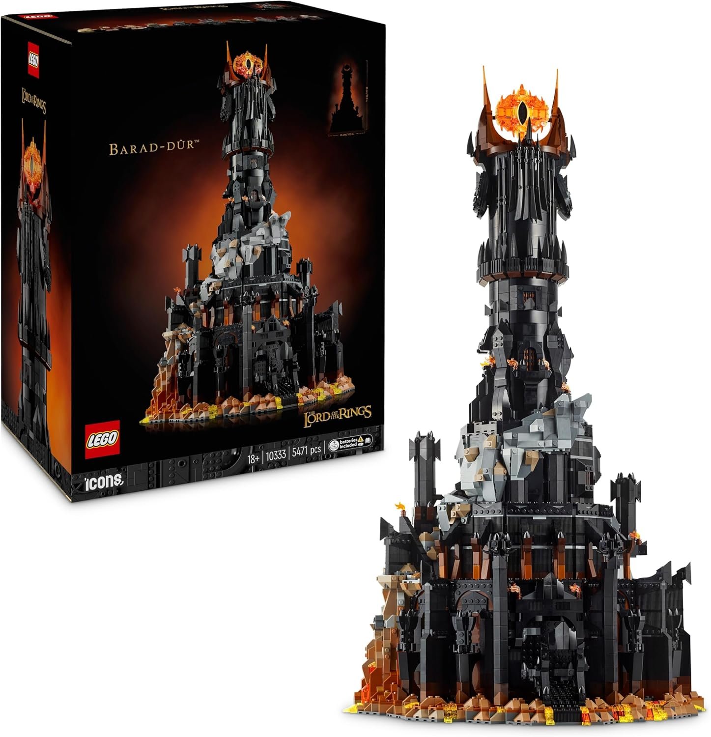 LEGO Icons 10333 Der Herr der Ringe: Barad-dûr – Bauset für Erwachsene mit Minifiguren Sauron, Frodo, Sam & Gollum