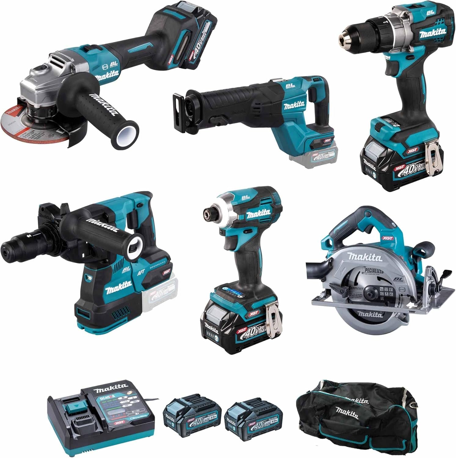 Makita DK0128G601 XGT Combo Kit – 6-teiliges 40 V Power-Tool-Set mit 4,0 Ah Akkus (DF001G, GA005G, TD001G, JR001G, HR002G, HS003G)